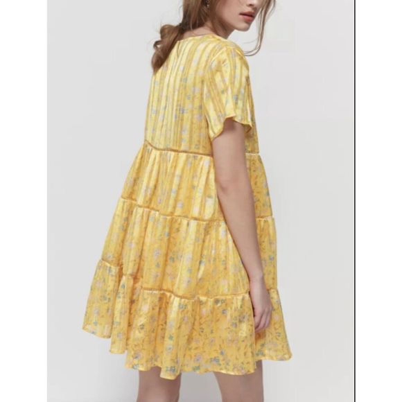 Urban Outfitters Pippa Chiffon Tiered Mini Dress - Size Small - Yellow - Picture 1 of 9